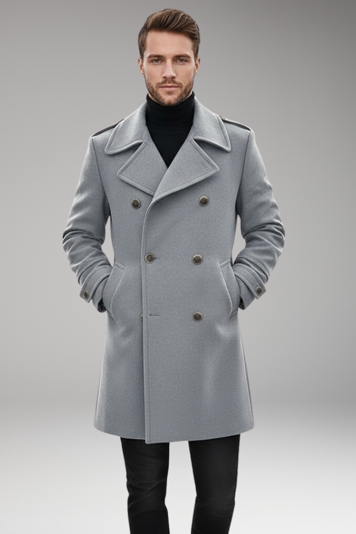 Men's Mid-Length Coat with Lapel and Buttons