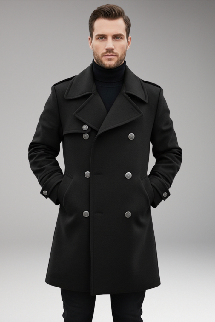Men's Mid-Length Coat with Lapel and Buttons