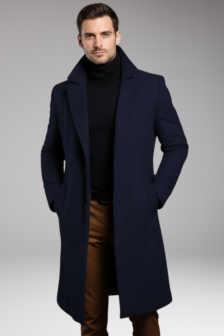 Men's Mid-Length Coat with Notch Lapel and Buttons