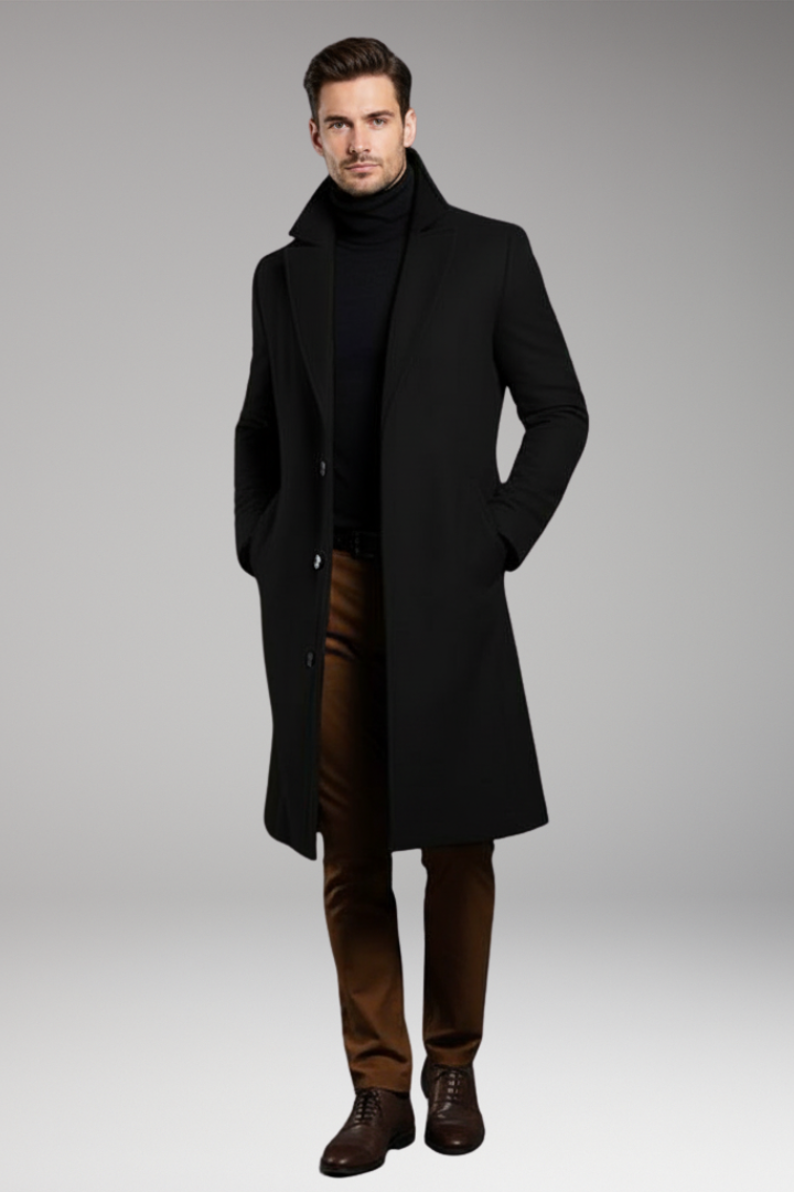 Men's Mid-Length Coat with Notch Lapel and Buttons