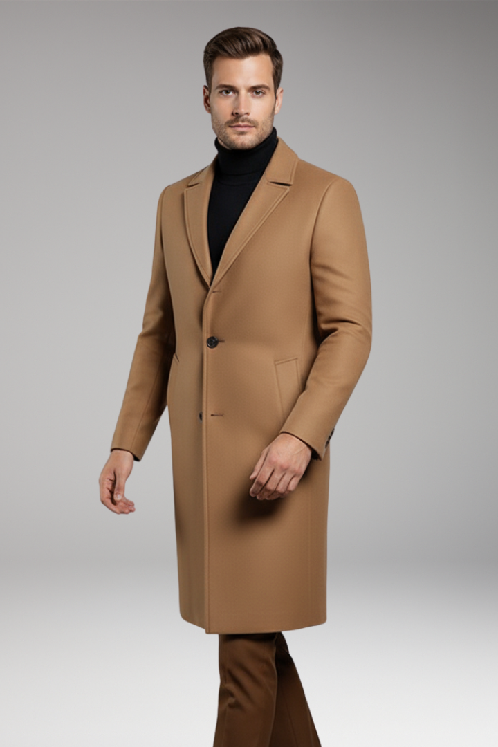 Men's Mid-Length Coat with Notch Lapel and Buttons