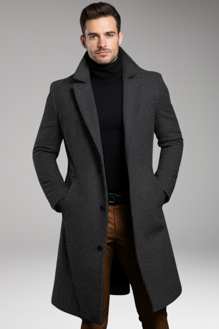 Men's Mid-Length Coat with Notch Lapel and Buttons