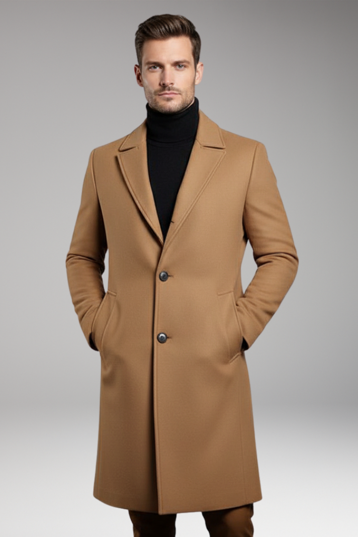Men's Mid-Length Coat with Notch Lapel and Buttons