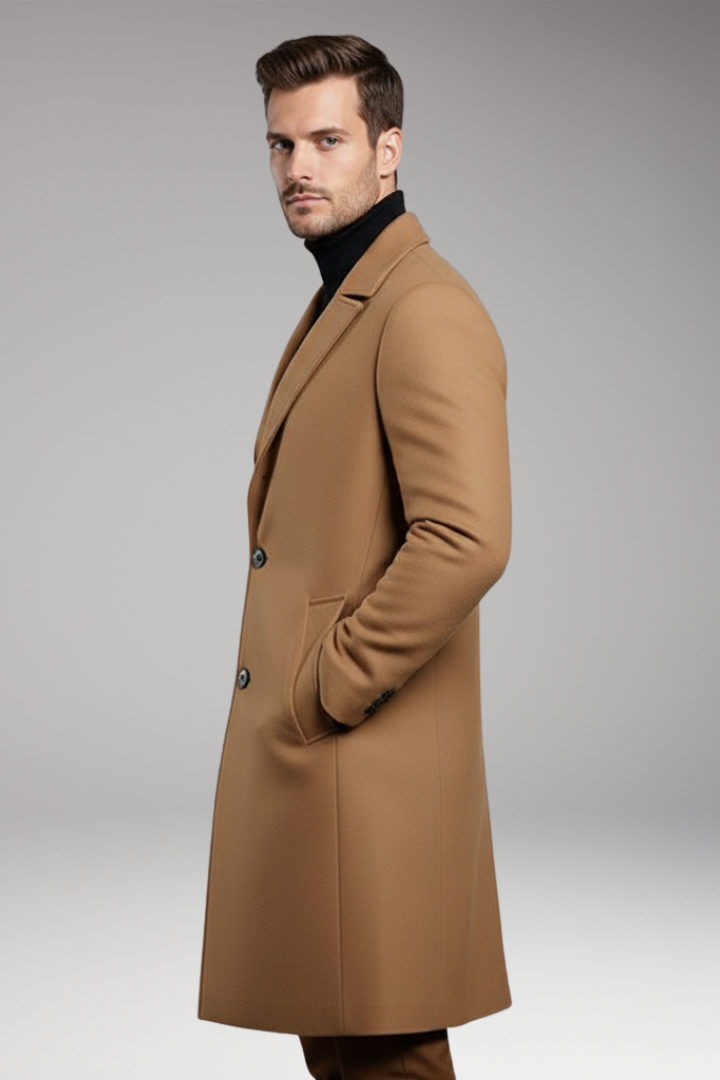 Men's Mid-Length Coat with Notch Lapel and Buttons