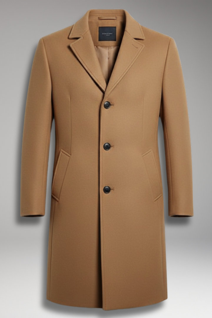 Men's Mid-Length Coat with Notch Lapel and Buttons