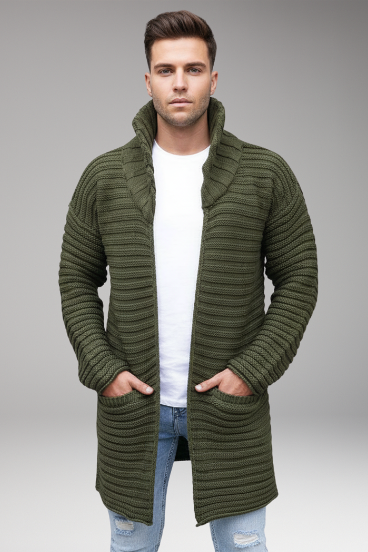 Men’s Knit Cardigan with Stand Collar and Pockets